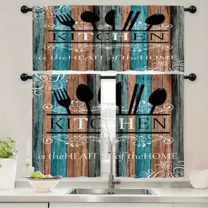 1/2pcs Set of Kitchen Curtains Featuring Kitchenware Designs on a Blue And Brown Background for Home Decor