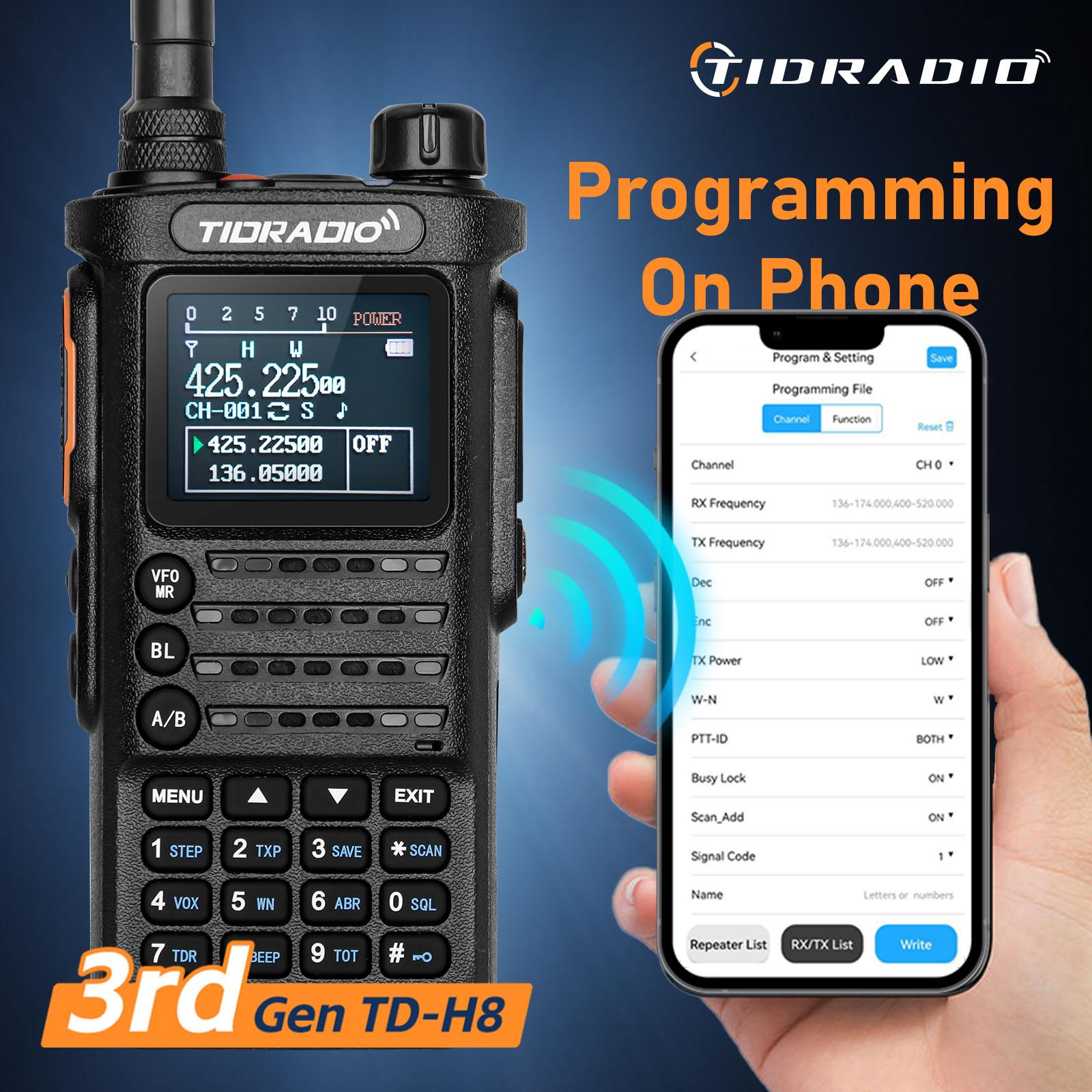 TIDRADIO 3rd Gen TD-H8 GMRS & Ham Radio 10Watt Long Range Walkie Talkie Performance Multi-band Handheld Two-Way Radio Built-in Bluetooth APP Wireless Programming