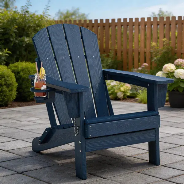 【SummerWins】GARVEE Folding Adirondack Chair - HDPE Plastic Outdoor Chair with Wood Texture, 380Lbs Capacity, Weather Resistant, for Deck, Patio, Pool, Backyard