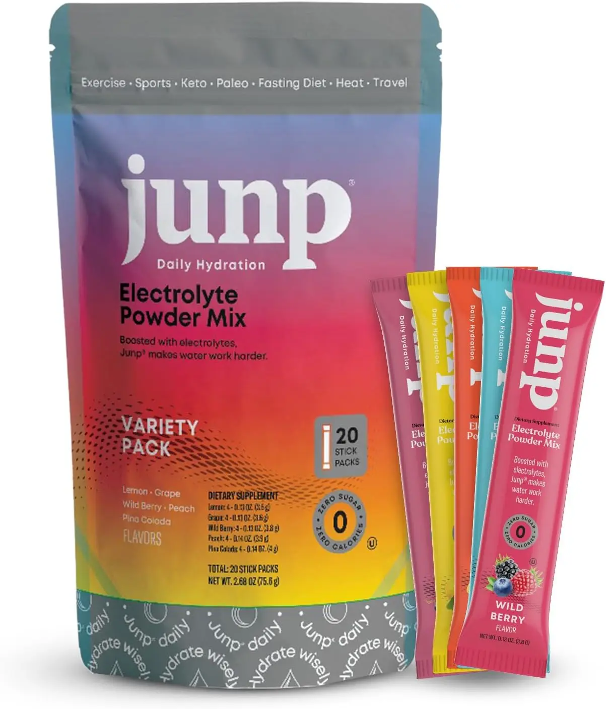 JUNP Low Sugar Electrolyte Single Serve Sticks Flavoring Powder Variety Pack - Hydration Drink Mix with Electrolytes & Potassium, Keto Friendly Clean Fitness Supplement (20 Packs)