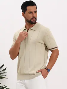 INSPIRE CHIC Men's Textured Polo Shirt Zip Up Ribbed Hem Short Sleeve Golf Polo Shirts