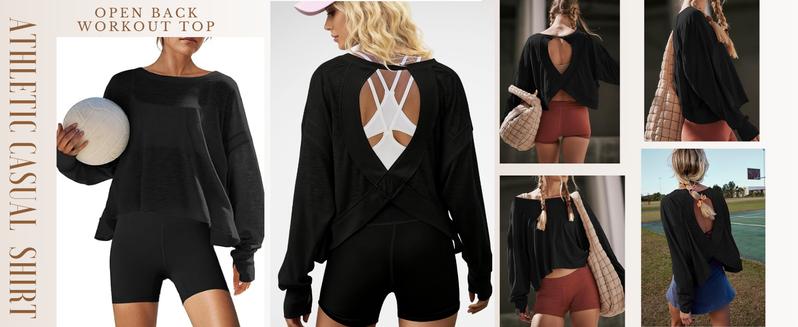 SCUSTY Womens Open Back Workout Top Long Sleeve Athletic Casual Crop Running Shirt