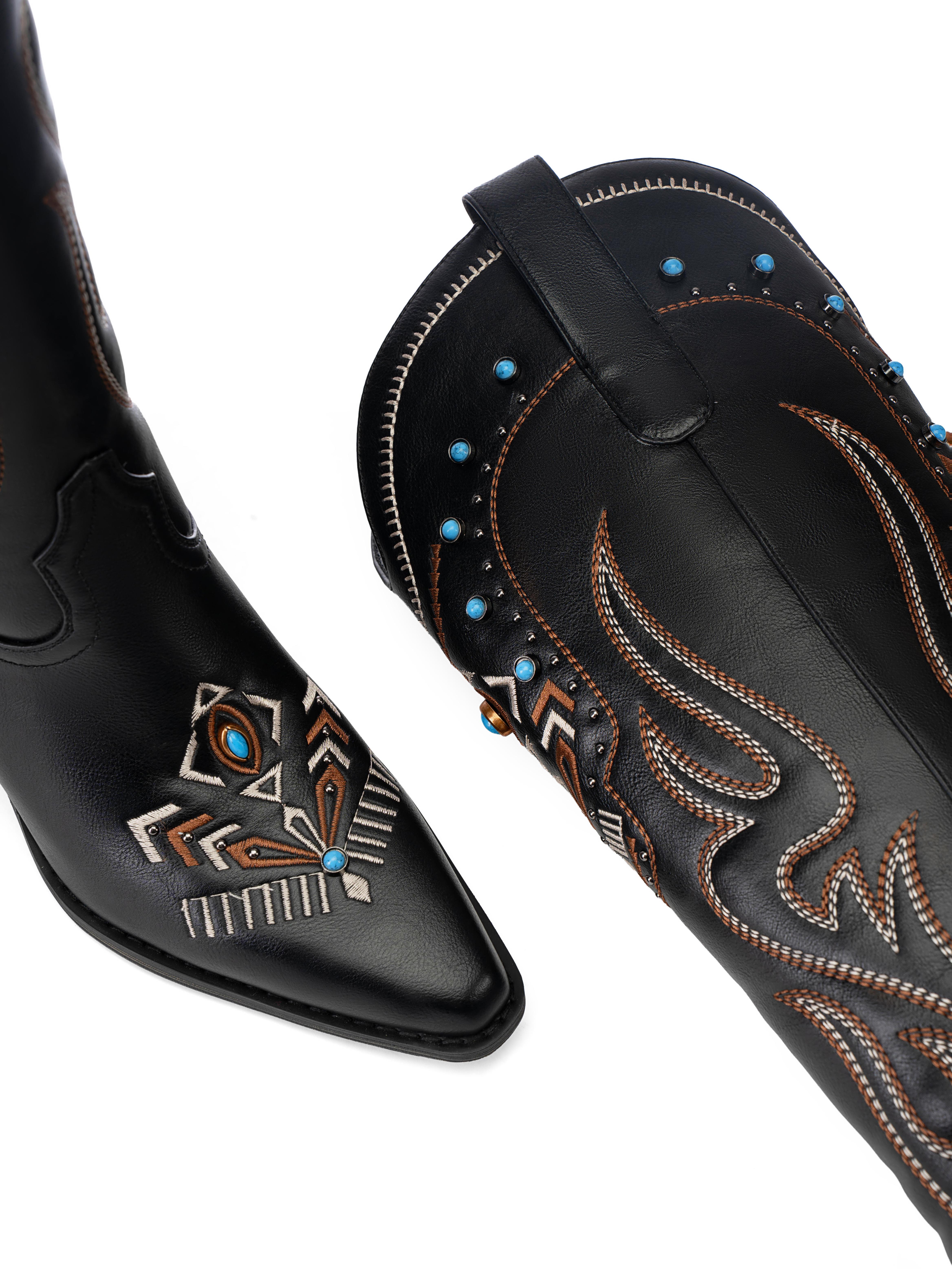 ReneChristine Women's Embroidery Western Cowboy Boots with Studs & Emerald Gemstones, Knee High Wide Calf Cowgirl Boots for Gatherings Weekend Hangouts Black Leather fur boots knee high boots boots for fall thigh high boots brown boots cowgirl boots Sprin