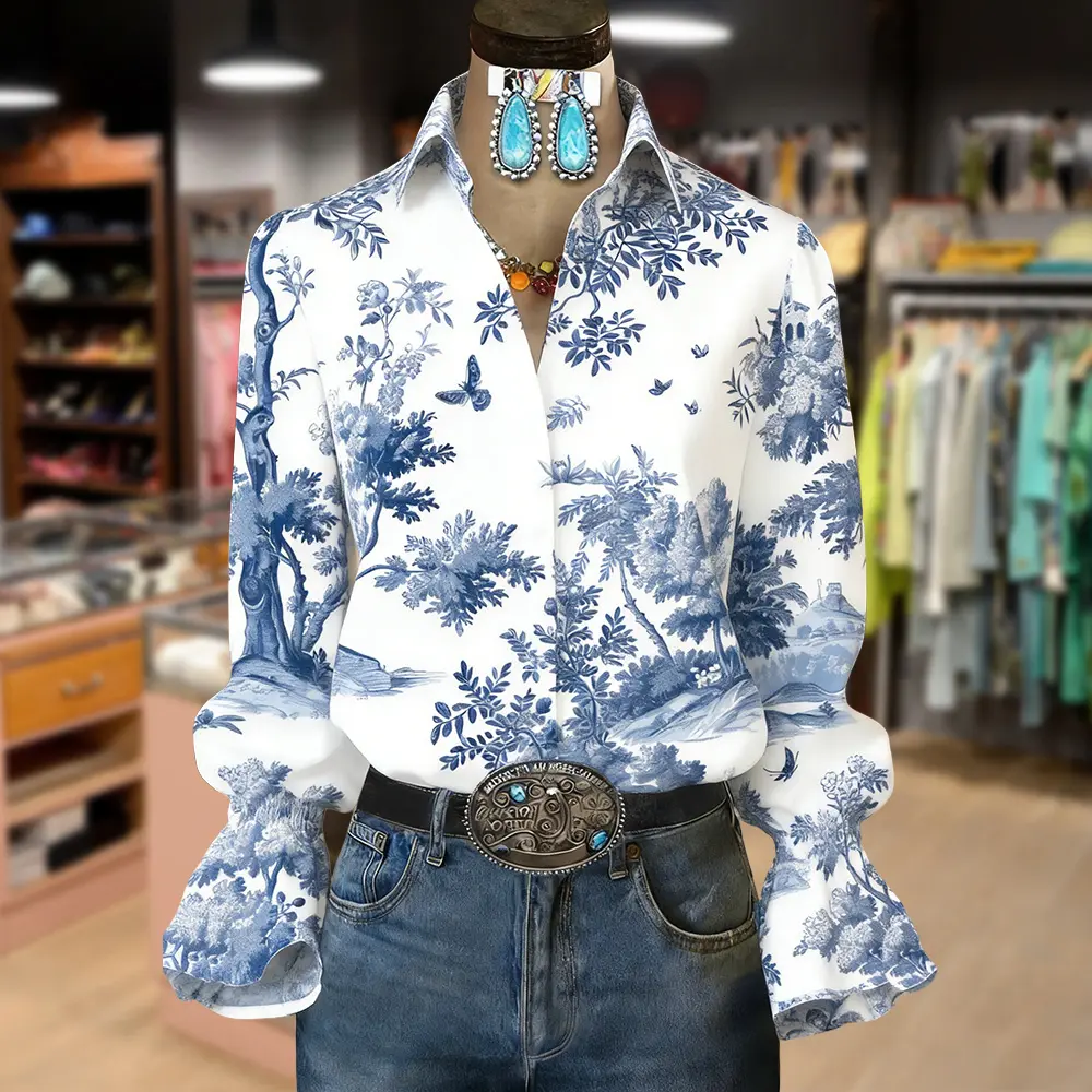Cherrybetty Retro Tolie Print Flared Cuffs Blouse Elegant Classy Tops Vintage Graphic Tops Women Long Sleeve Tops Women Essential Comfort Outfits