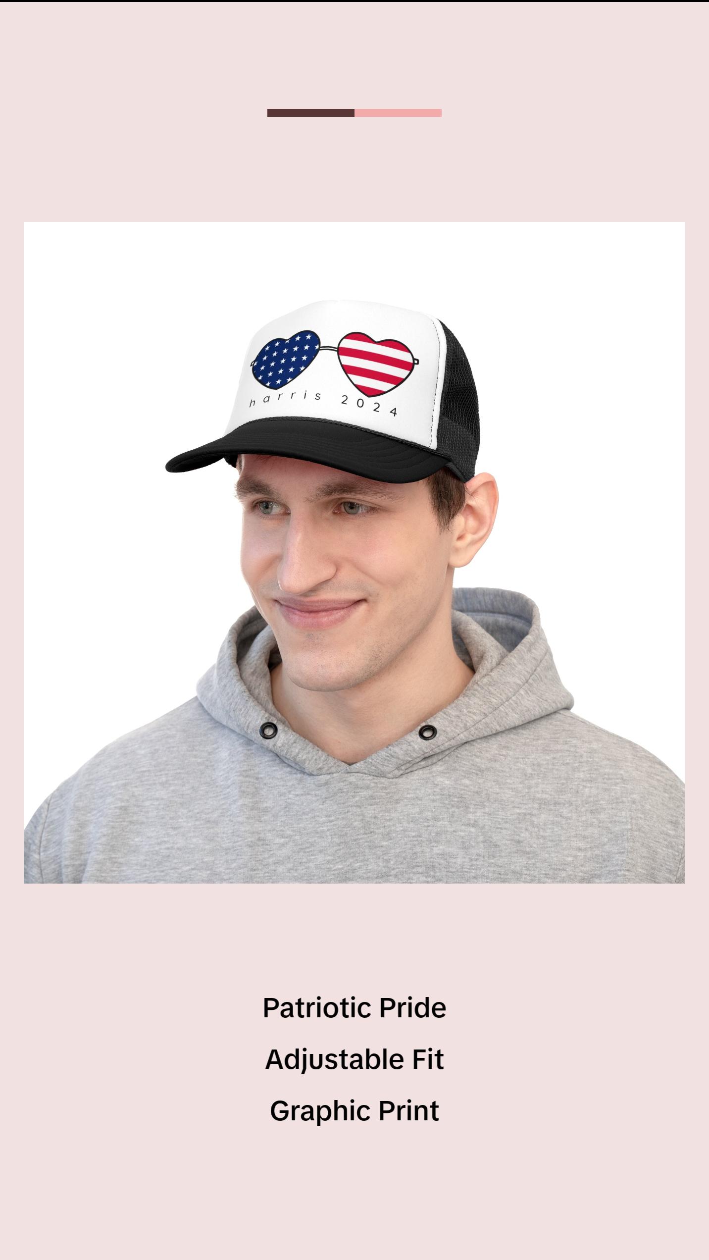 Kamala Harris Trucker Hat - American Flag Hearts Cap