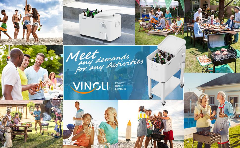 VINGLI Patio Cooler, 60QT Rolling Ice Chest on Wheels, Portable Patio Party Bar Drink Cooler Cart, with Shelf, Beverage Pool with Bottle Opener,Water Pipe
