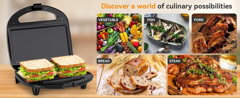 ABS07 Sandwich Maker, 2 Slice Grilled Cheese Maker with Non-stick Flat Plates, Indicator Lights, Cool Touch Handle, Easy to Clean and Store, 750 W shaq branded panini press indoor  electric crepe