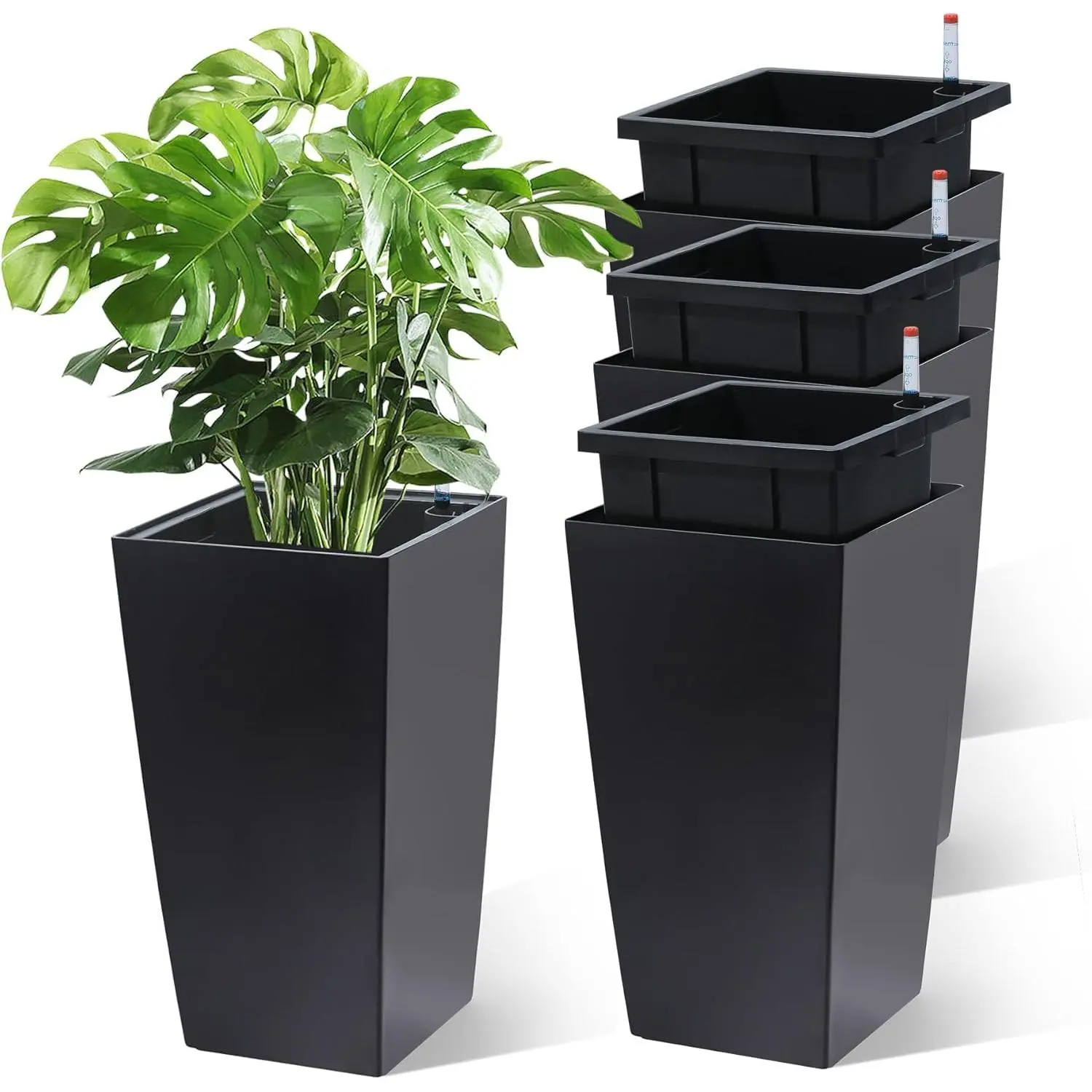 [Football Fan SeasonDeal] 4-Piece 2026 New Upgraded Self-Watering Large Planters (with Drainage Holes, Water Gauge, and Inner Bucket) - 15.7-Inch Tall Resin Planters, Suitable for Outdoor, Courtyard, Garden, and Indoor