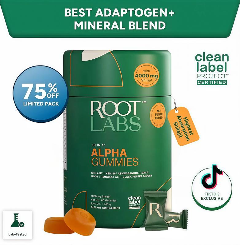 Root Labs Alpha 10-in-1 Shilaiit Gummies 4000 mg  Holiday Gift FQ-Ready Energy Stamina & Focus Zero Sugar KSM-66Ashwagandha,Tongkat Ali,Maca Vegan 60 Count
