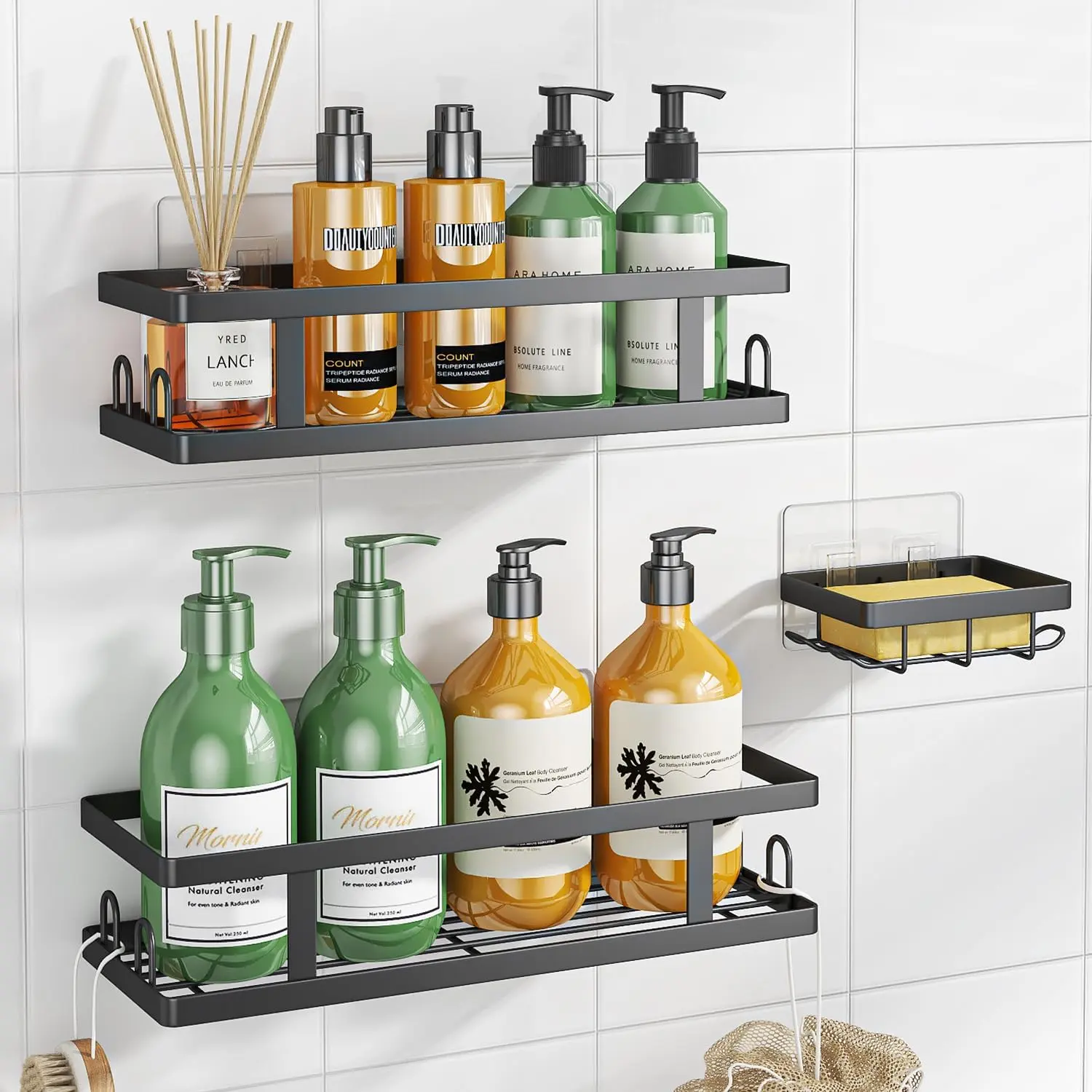 Adhesive Shower Caddy,Shower Shelves with Soap Holder and 12 Hooks,Rustproof No Drilling Bathroom Organizer and Storage,Black,3 Pack