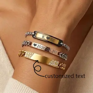 Custom ID Bracelet for Men Women Personalized Engravable Bar Bracelets Cuban Link Box Chain Stainless Steel Matching Couples Bracelet Waterproof Jewelry Birthday Anniversary Gift for Him Her