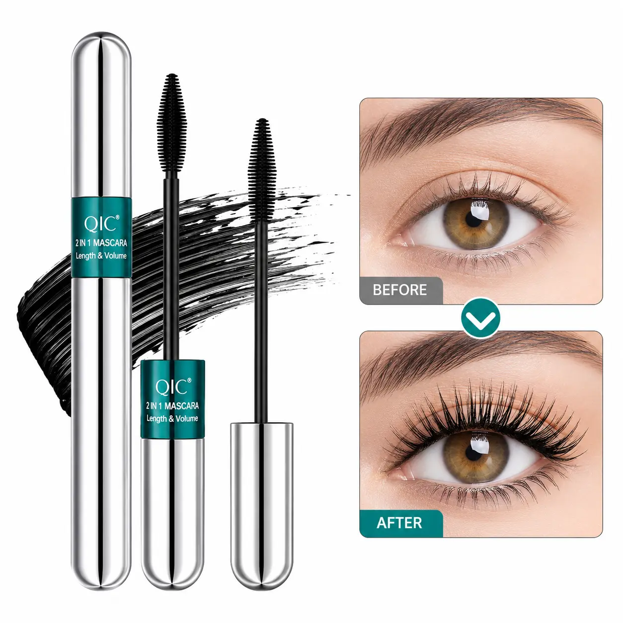 2-in-1 Tube Mascara - Waterproof, Smudgeproof, No-Clump, Long Lasting, Lengthening, Length & Volume, All-Day Wear Beauty Mascara, Festive & Party Gift for Home & Party Supplies