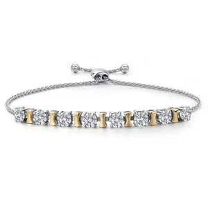 Gem Stone King 2.16 Cttw White Lab Grown Diamond Bracelet For Women | 925 Silver and 10K Yellow Gold | Gemstone April Birthstone | Round 4MM | DEF Color | VVS-VS Clarity | Adjustable up to 9 Inch