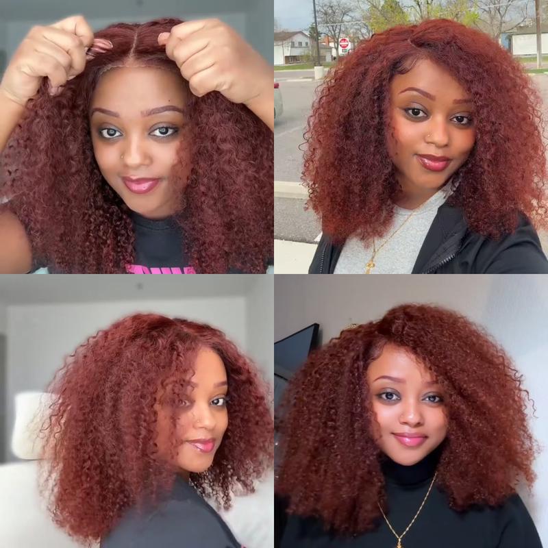 UNice 250% Density Afro Kinky Curly Wig Reddish Brown Color Glueless 7x5/13x4 HD Lace Frontal Human Hairs Wig with 16 Inch Beginners Friendly