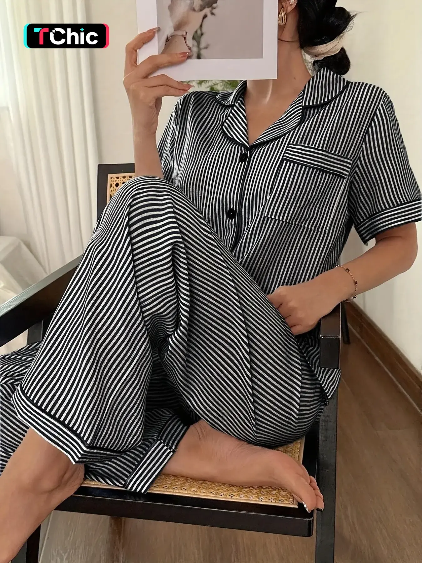 Women's Striped Print Button Front Short Sleeve Top and Bow Tie Long Pants Pajama Set, Casual Home Wear, All Seasons Loungewear, Pyjamas
