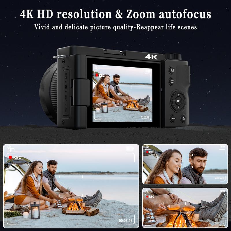 Portable Retro Camera,64MP vlogging camera with WiFi,4K Digital camera flip screen travel Camera,12X Optical Zoom ,camera microphone,64GB SD Card,Summer gift Outdoorfun