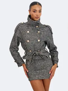 Sadie Black & White Tweed High Collar Belted Mini Jacket