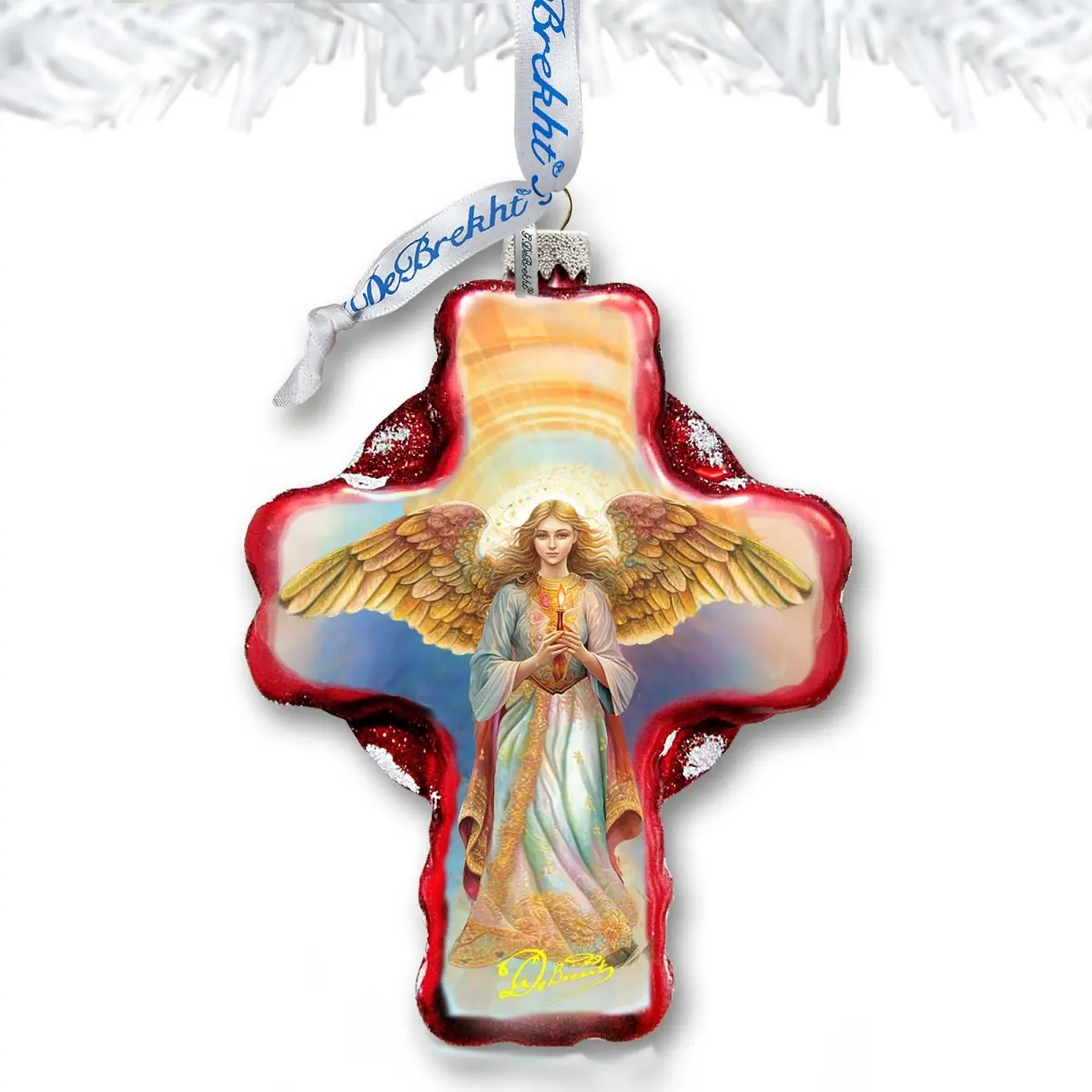 Designocracy 758-025 4x3 in. Angel Descending from Heaven Cross Glass Ornament, Satin-Painted Christmas Tree Hanger, Nativity Box Figurine & Miniature Christmas Decoration, Christmas Decorations