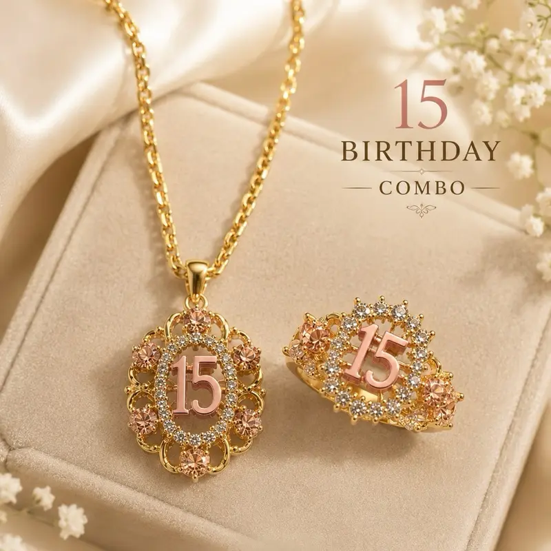 Quinceañera 14K Jewelry Combo - Female Women's Necklace Pendant and Ring