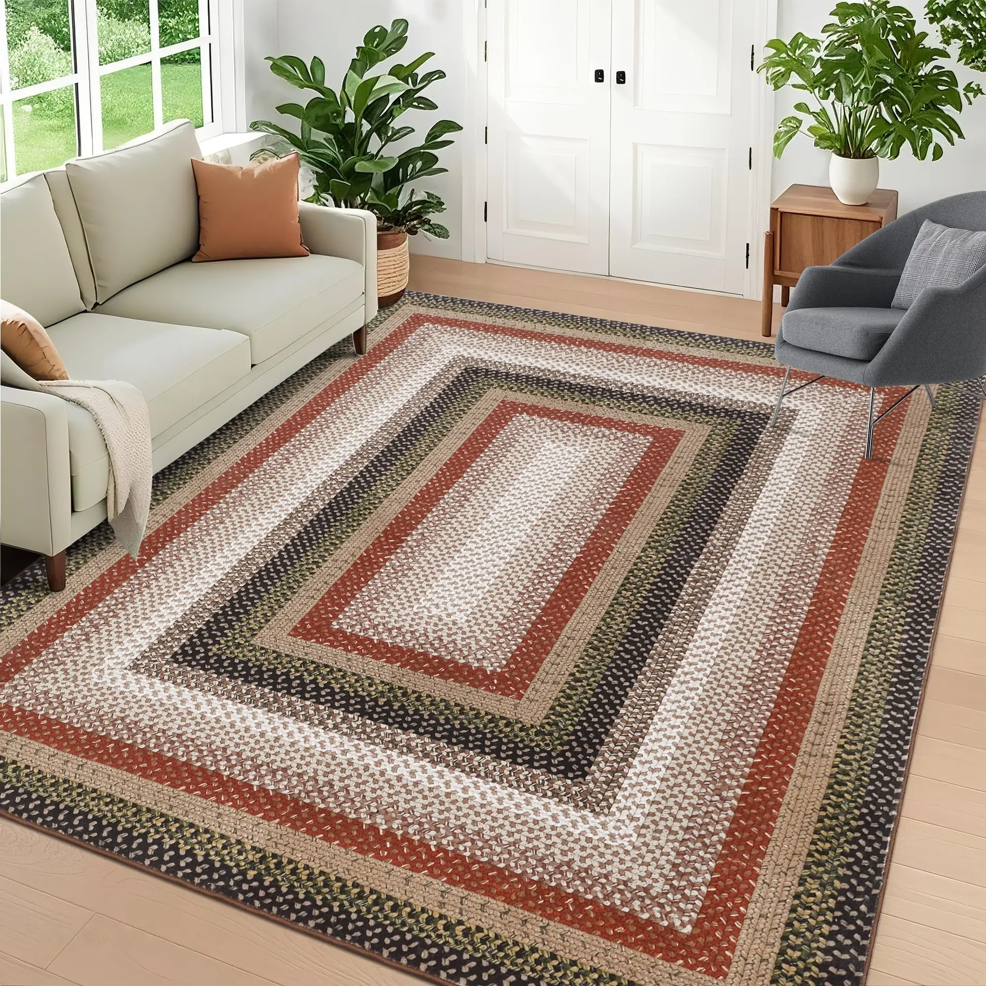 Garvee 5x7 Bedroom Rug Machine Washable Living Room Area Rug Modern Braid Printed Throw Carpet for Dining Room Non Slip Large Entryway Rug Farmhouse Carpet for Home Decor, Crimson/Earthy