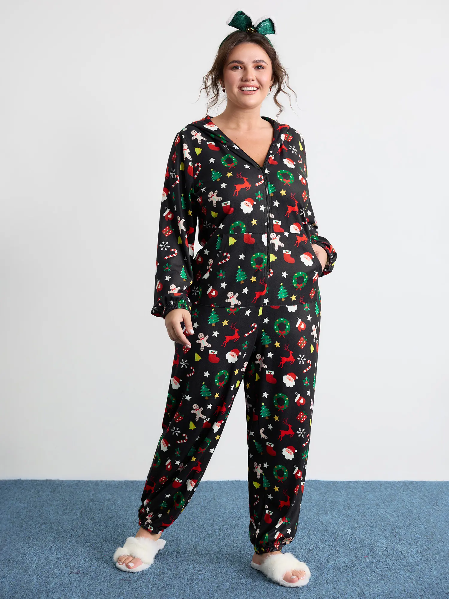 BLOOMCHIC Women's Plus Size Hooded Long-Sleeve Polyester-Elastane Onesie Pajama Overalls Set, Lady-Fit Multicolor Pyjamas with Pockets, Christmas Holiday Vibes, Sizes 14-16/1X,18-20/2X,22-24/3X to 30/6X, Hand/Machine Wash, Cool Iron, Flat Dry Loungewear