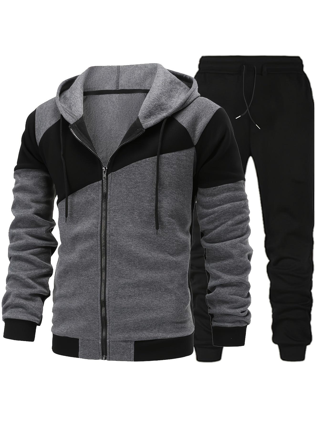Fashionable Men's Color Block Hooded Sports Set – Zippered 2-Piece Casual Sportswear, Suitable for Everyday Wear