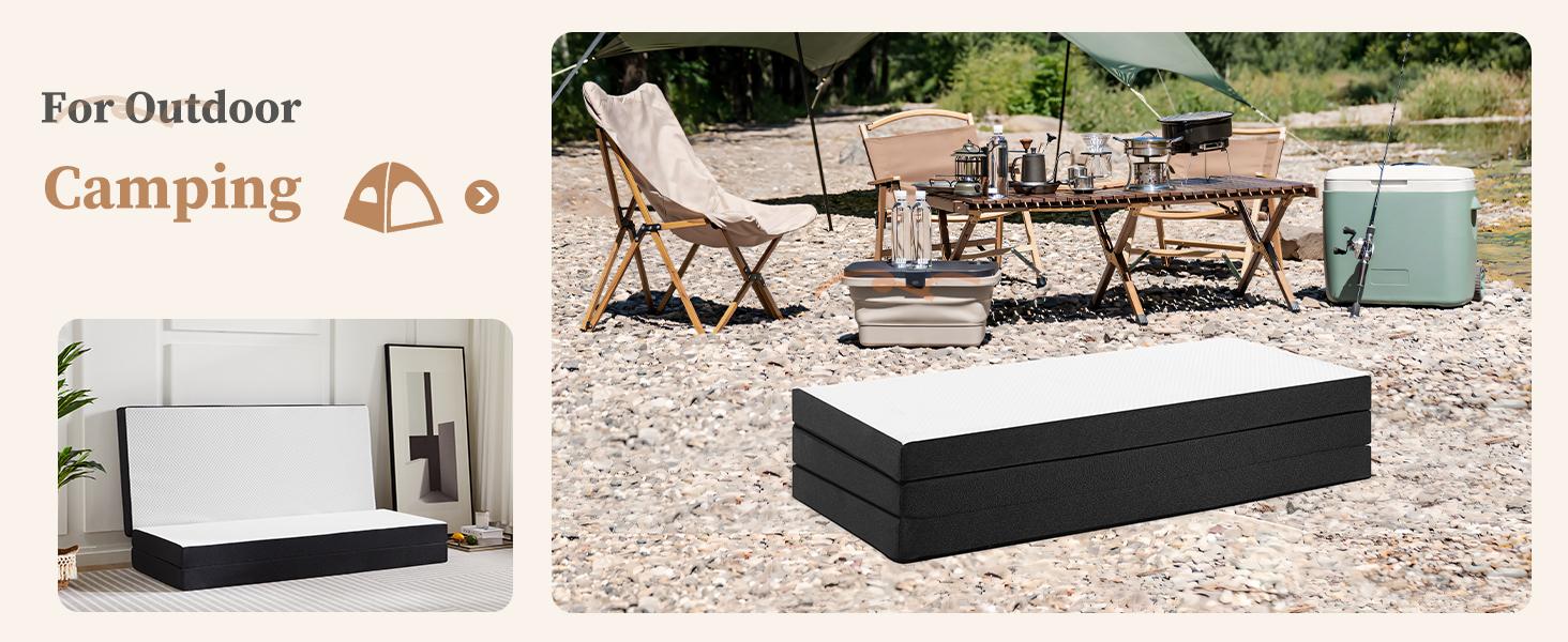 Folding Mattress, Tri-fold Memory Foam Mattress Topper for Camping, Foldable Mattress Topper with Washable Cover, Various Sizes, White