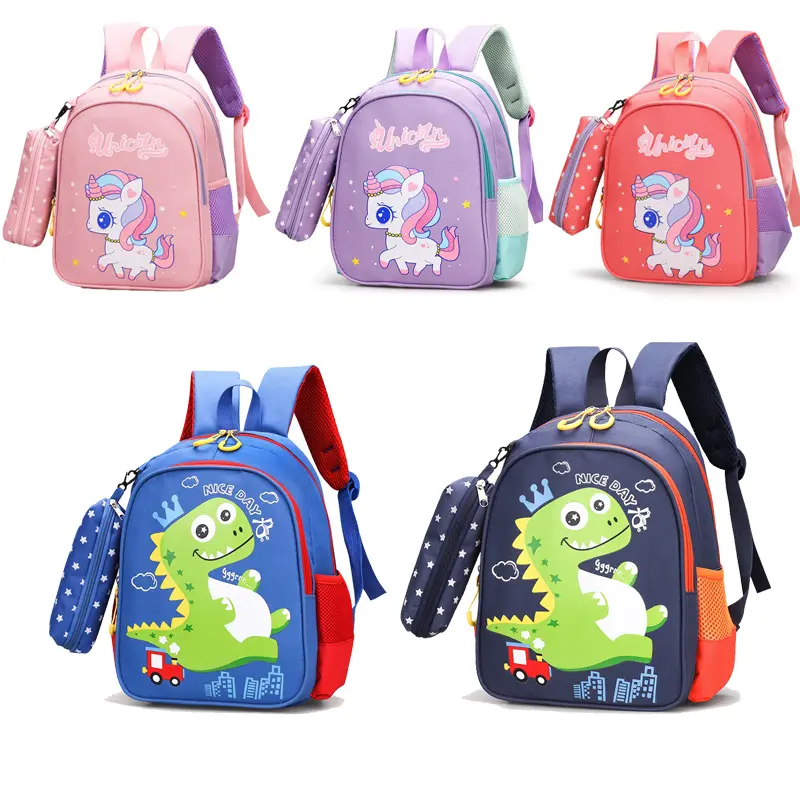 Lightweight Kids Backpack Set with Pen Pouch, 12-Inch Cute Pink Unicorn & Purple Dinosaur Shoulder Bags for Back to School Haul & First Day School GRWM