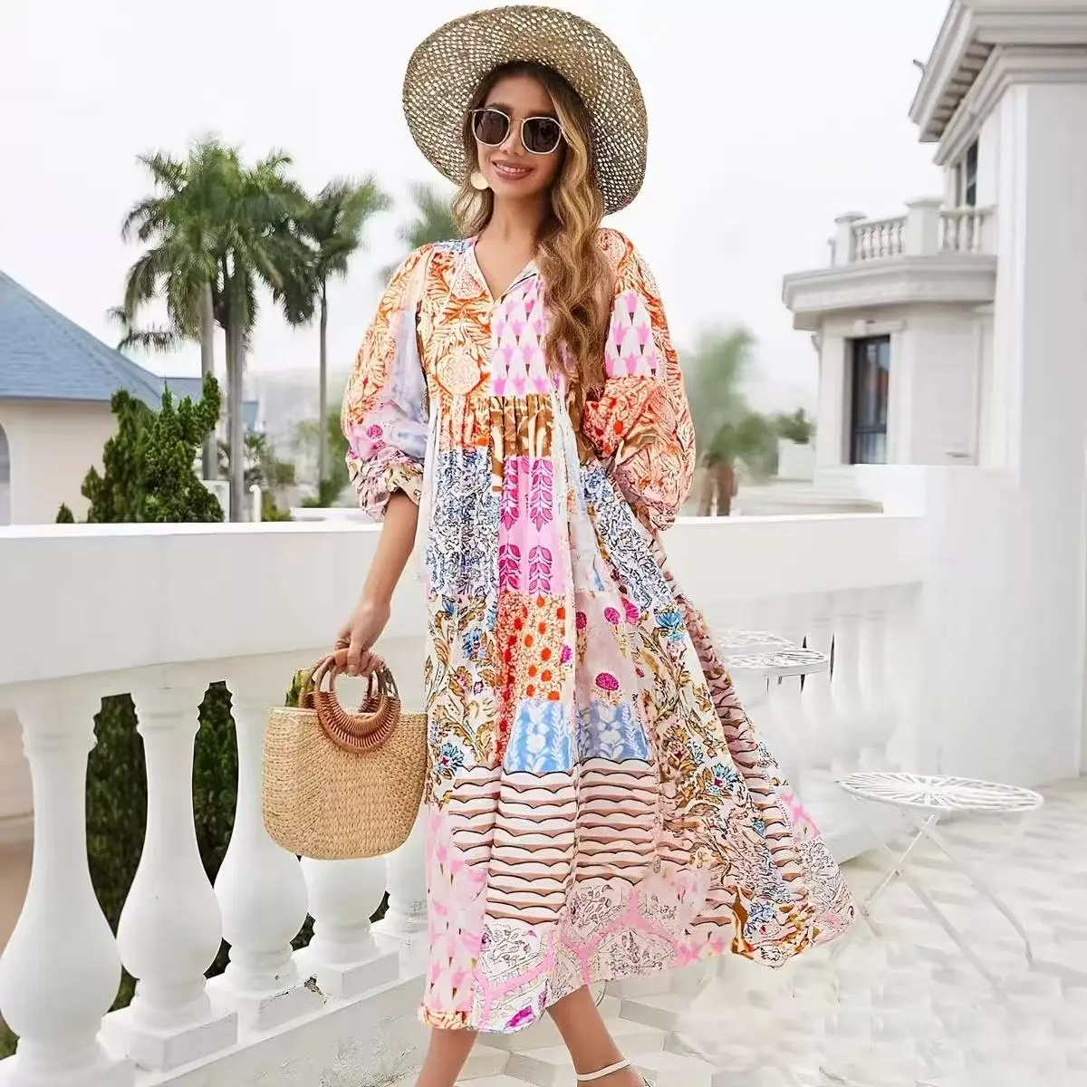 Casual Bohemian Dress Bohemian Patchwork Maxi Dress V Neck Puff Sleeve Loose Summer Casual Bohemian Dress Bohemian Patchwork Maxi Dress V Neck Puff Sleeve Loose Summer