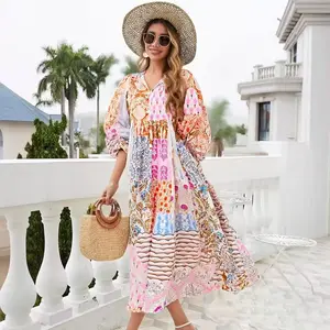 Bohemian Patchwork Maxi Dress V Neck Puff Sleeve Loose Summer Dress with Unique Patchwork Design and Comfortable Fit for Beach Days Beach Casual Casual Womenswear Adjustable Bag Boho Breathable Feminine Geometric Floral Statement Fabric Soft