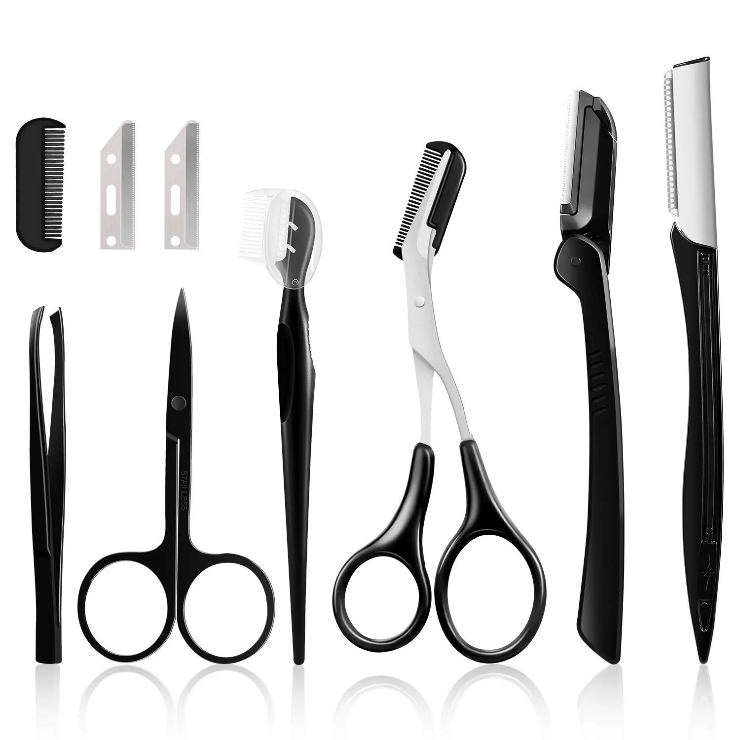 Women's 9-in-1 Stainless Steel Eyebrow Kit - Durable Dermaplaning Tool Set, Compact Eyebrow Razor, Facial Hair Removal Brush, Exfoliating Grooming & Makeup Beauty Accessories, Eyebrows