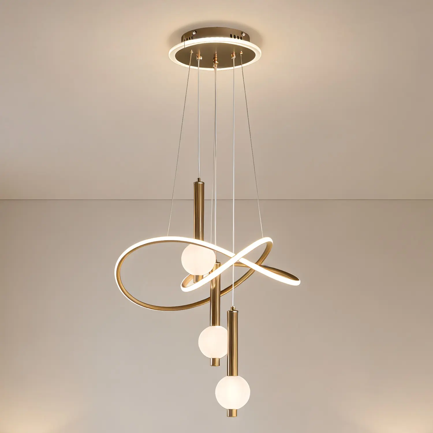20-Inch Modern Indoor LED Pendant Light - Gold Lollipop Iron Acrylic Ring Globe Chandelier with Built-in LED Source, Adjustable Cord for Dining Room, Kitchen Island