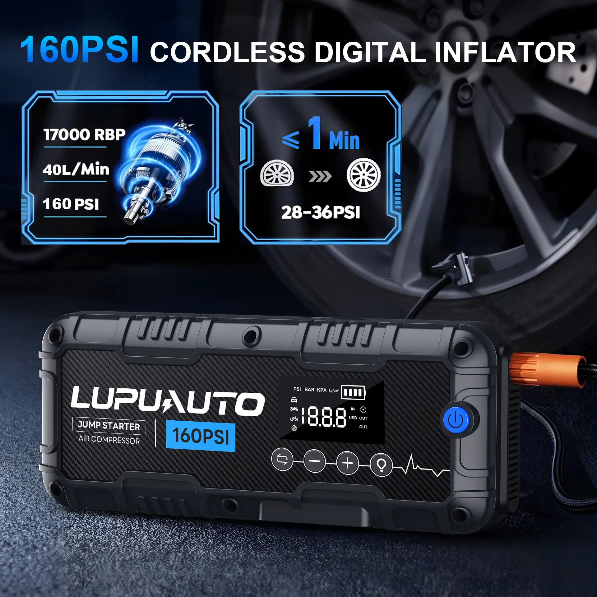 Lupuauto 12V Multifunctional Car Jump Starter - Portable Power Pack with 160PSI Pump, Accurate LED Display, 500LM LED Light, USB Port, Battery Booster for Outdoor Activities, Hiking/Light Outdoor (Automotive Repair Tool)