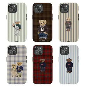 Retro Teddy Bear iPhone Case, Plaid Striped Protective Cover