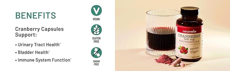 NatureWise Cranberry Pills for Women - Extract Equal to 12,500mg* Cranberry Supplement + Vitamin C & E - Cleansing Urinary Tract & Bladder - Vegan, Non-GMO, Sugar-Free Capsules - USA Manufactured