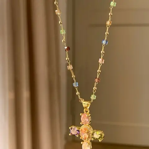 LunaStdla Rainbow Cross Pendant Necklace - Dainty Multicolor Faith Cross Necklace,Vintage Glam & Y2K Vibes for Women Girls,Colorful Sparkle Perfect for Daily Outfits Church & Festivals