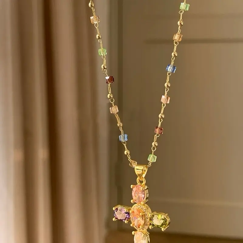 LunaStdla Rainbow Cross Pendant Necklace - Dainty Multicolor Faith Cross Necklace,Vintage Glam & Y2K Vibes for Women Girls,Colorful Sparkle Perfect for Daily Outfits Church & Festivals