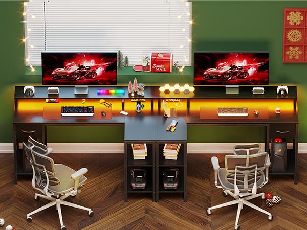53” Gaming Desk with USB Charging Ports & LED Lights, Reversible L Shaped Desks Computer Corner Gamer Table with Power Outlets Monitor Stand Storage Shelves for Home Office Small Space, Black