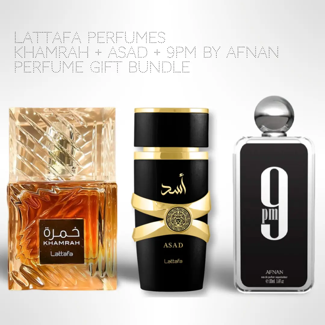 Lattafa Khamrah, Asad & 9PM EDP Grade Fragrance Bundle - 100ml (3.4 Fl oz) Alcohol-Free, Long-Lasting Floral Men's Perfume Value Gift Set