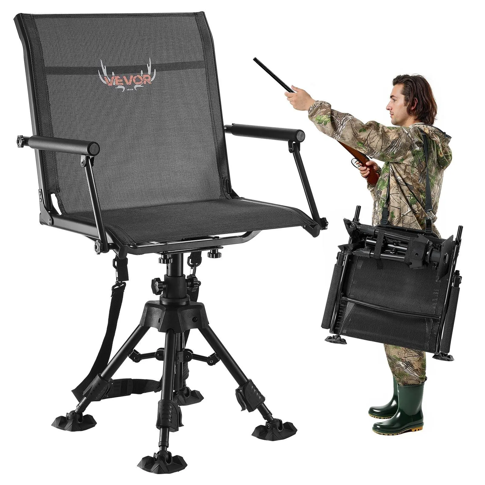 【SummerFinds】VEVOR Hunting Chair, 360° Silent Swivel, Lightweight Foldable Portable, Heavy-Duty Steel Frame Ground Stool with Armrests, Anti-Sink Feet, Height Adjustable, 350 Lbs Capacity, Smoother Movement, for Outdoor Use, Fishing, All Kinds of Terrain,