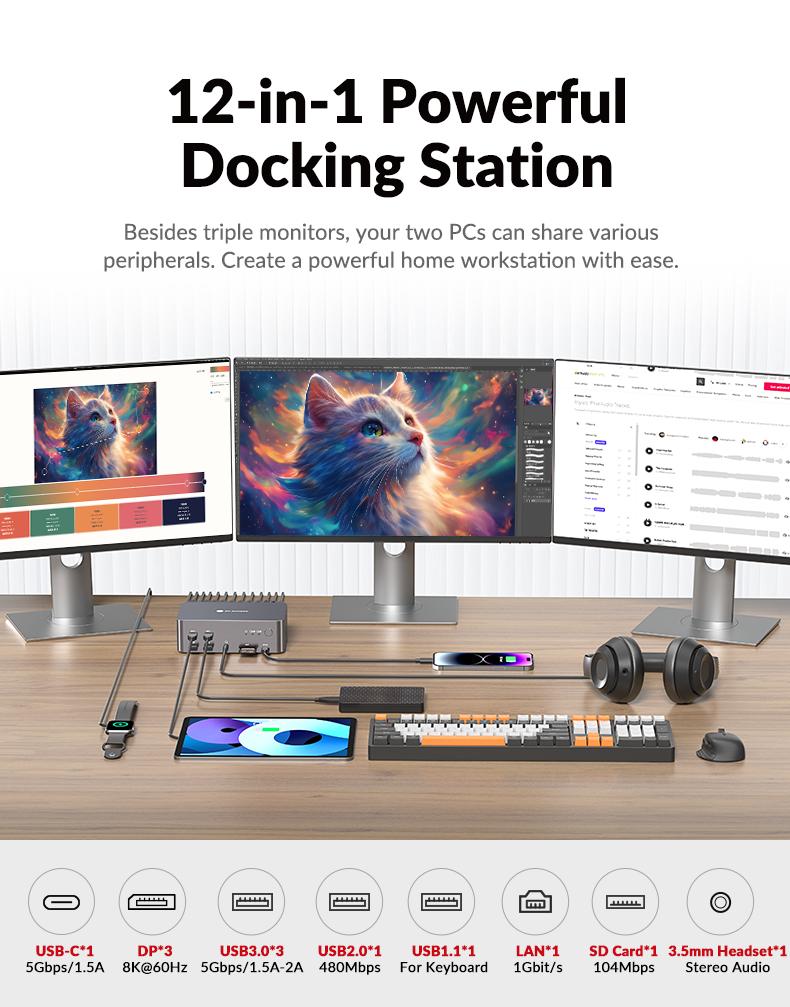 AV Access iDock D23 8K KVM Switch Docking Station for 2 Desktop PCs & 3 Monitors, DisplayPort 2.0, 1G Ethernet, 4K@165/144Hz for Gaming & Home Office (Desktop Only)