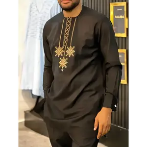 Men's African Dashiki Suit, Long Sleeve, Embroidery, Round Neck, Shoulder Zipper, Hem Split, Elastic Pants,  Large Size Men's Suit, Men's Casual Shirt And Trousers 2pcs Set, Four Seasons New Style 1 Set, Street Fashion, Party, Wedding Outfi