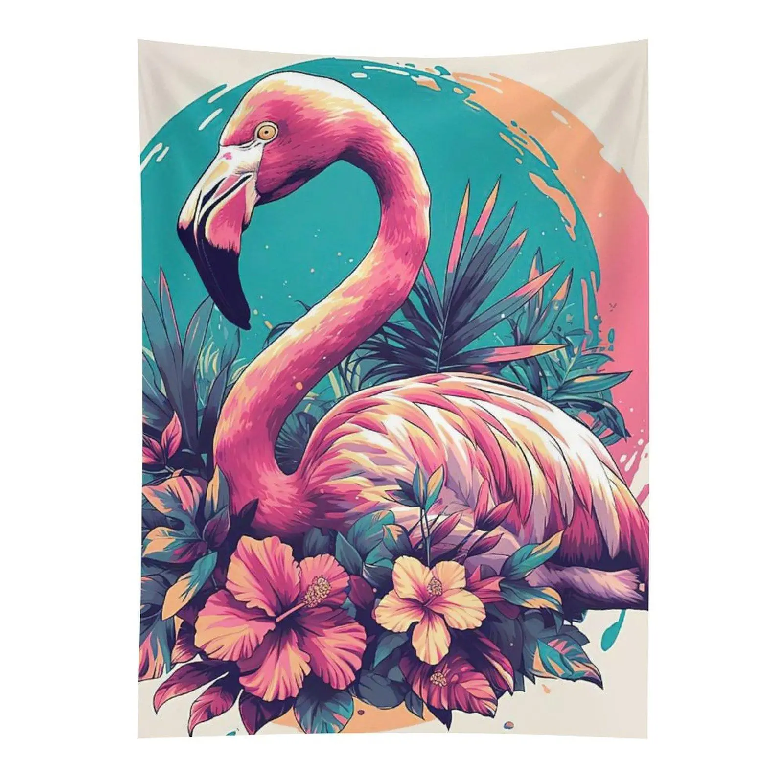 Polyester Pink Flamingo Tapestry, Tropical Hibiscus Bird Wall Hanging Decor for Indoor Room Home Supplies