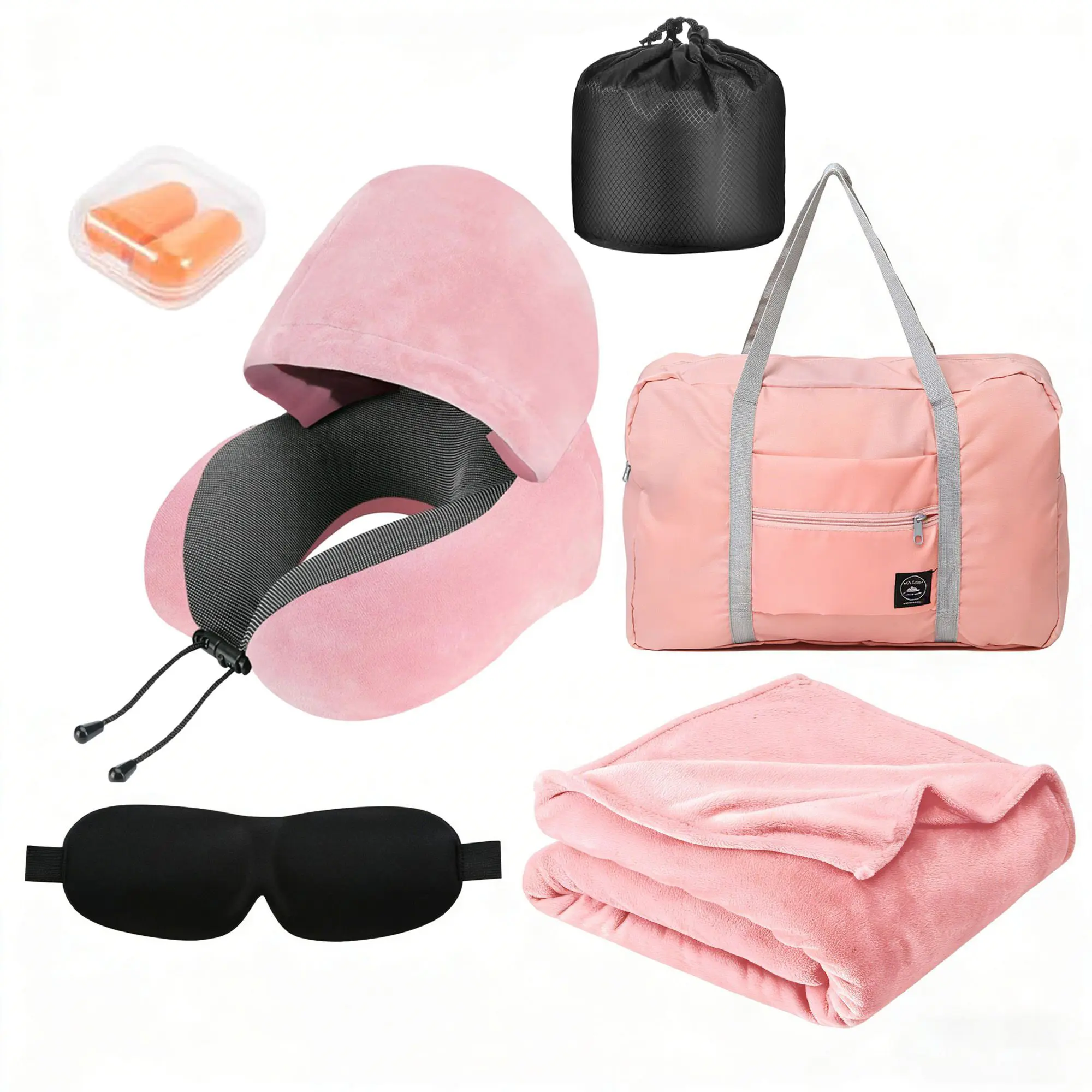 Travel Pillow with Extra Large Hood and Blanket Set for Airplane Long Flights Privacy and Comfort Memory Foam with Velvet Cover for Road Trip Head&Neck Support for Plane Office Cars Sleeping & Rest (Pink)