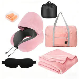 Travel Pillow with Extra Large Hood and Blanket Set for Airplane Long Flights Privacy and Comfort Memory Foam with Velvet Cover for Road Trip Head&Neck Support for Plane Office Cars Sleeping & Rest (Pink)