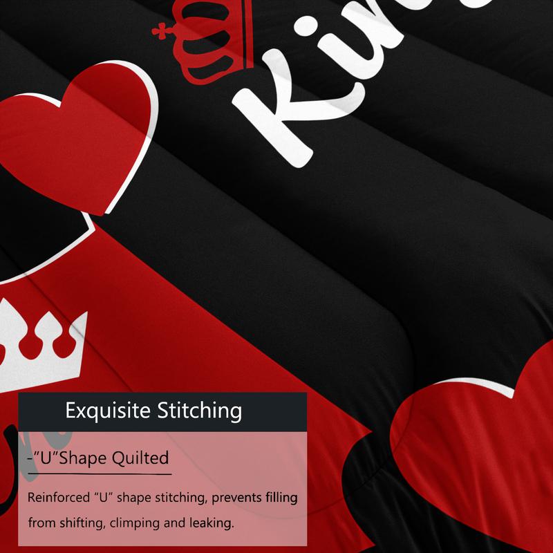 Black and Red Color-blocked Heart-patterned Comforter Set, Decorative Bedding Set with King and Queen Print. Soft, Fluffy, and Warm, Perfect for Beds, Sofas, Offices, and Camping. A Cozy and Comfortable Holiday Gift.