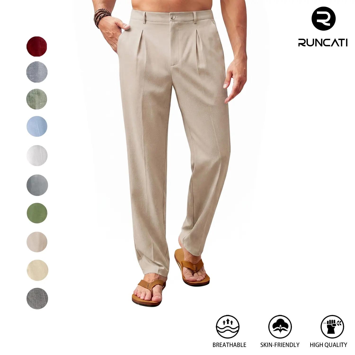 Runcati  Men’s Casual Pants Elastic Waist Lightweight Loose Fit Pleated Slacks Summer Beach Yoga Trousers