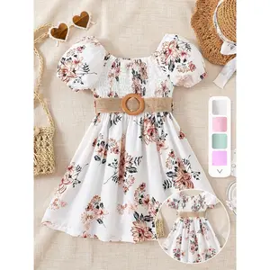 Toddler Girls Floral Graphic Puff Sleeve Shirred Belted Princess Dress Party Beach Vacation Kids Clothes