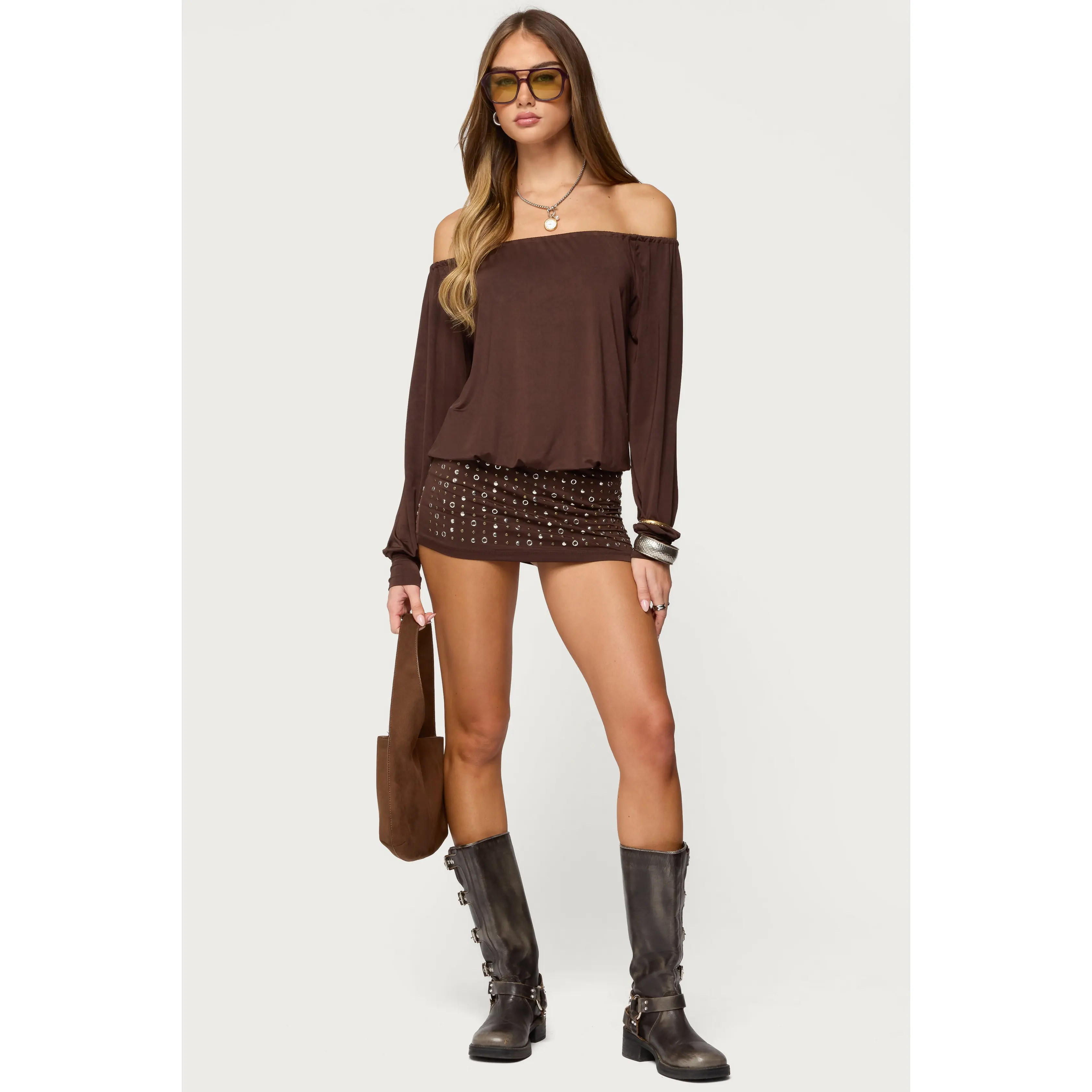 Studded Off Shoulder Backless Romper