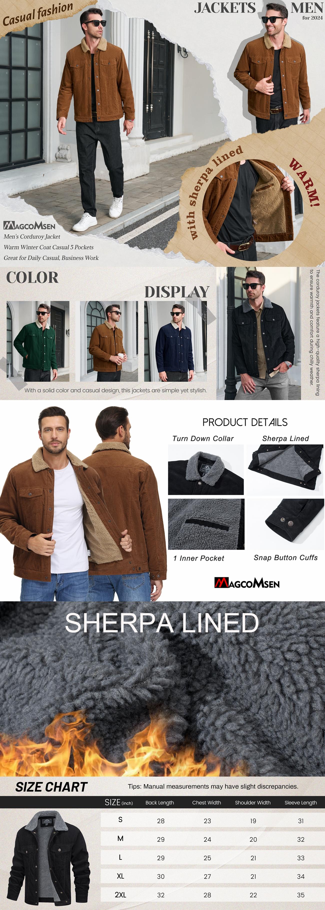 MAGCOMSEN Men's Corduroy Jacket Sherpa Lined Trucker Jackets Cotton Turn-Down Collar Warm Winter Jacket Casual Coat 5 Pockets Outdoorfun FallFreshness